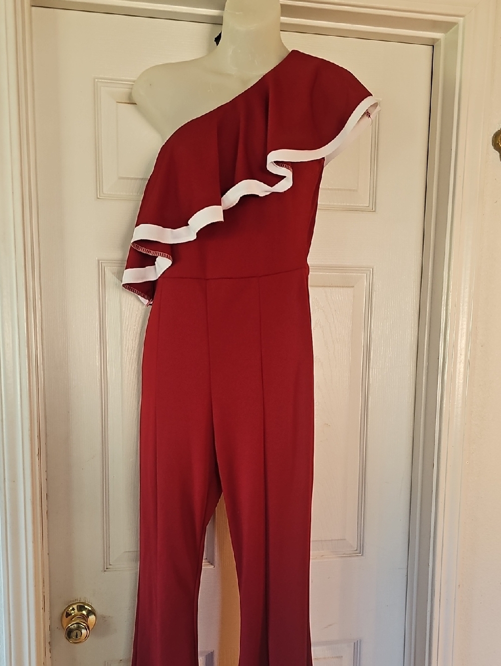 Source Unknown Red One-Shoulder Ruffle Jumpsuit with White Trim